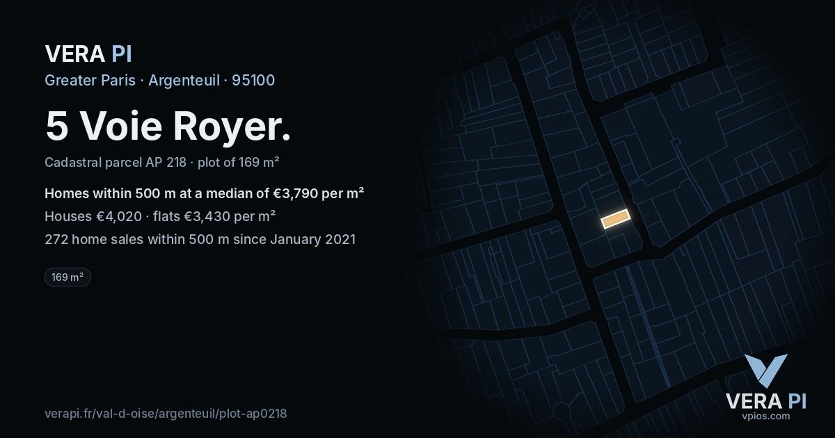 5 Voie Royer, Argenteuil at night – the plot lit, the parcels around coloured by the prices near them