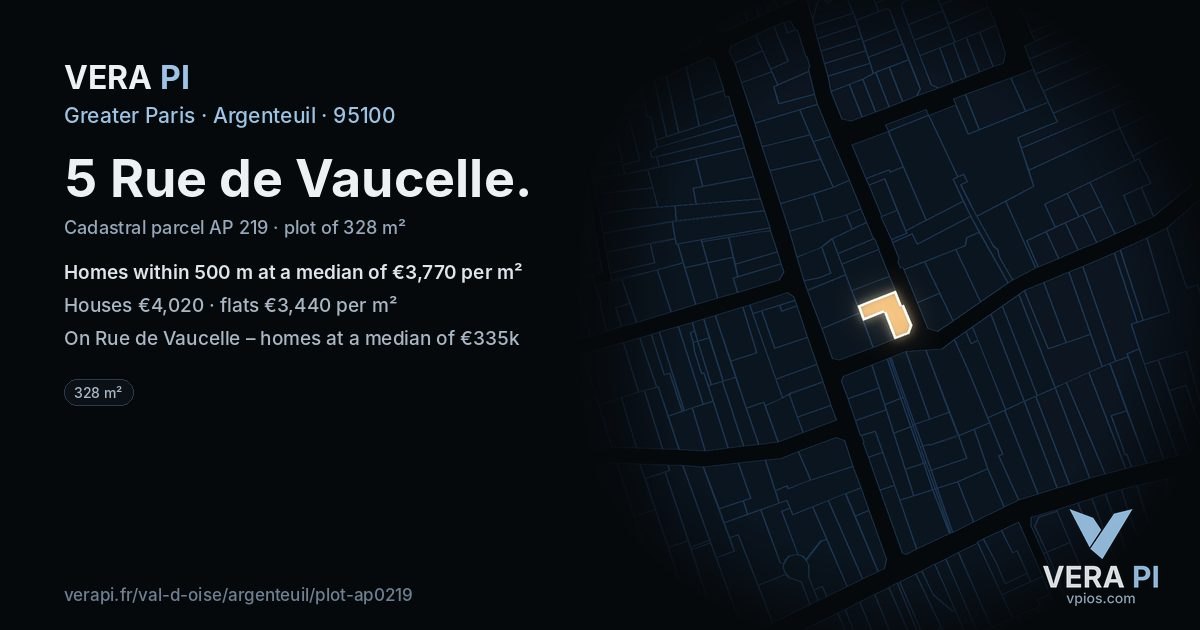 5 Rue de Vaucelle, Argenteuil at night – the plot lit, the parcels around coloured by the prices near them