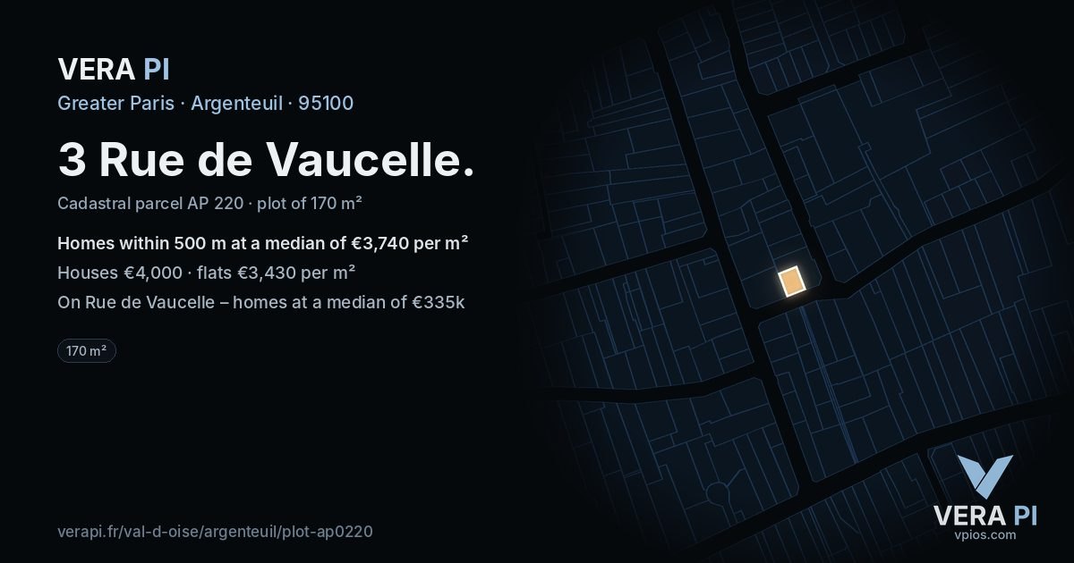 3 Rue de Vaucelle, Argenteuil at night – the plot lit, the parcels around coloured by the prices near them