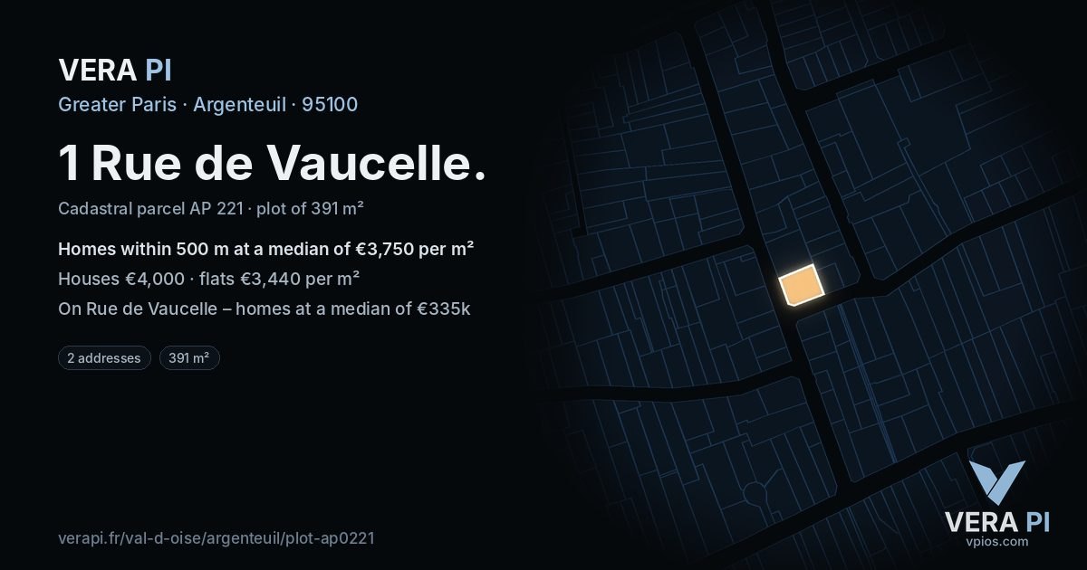 1 Rue de Vaucelle, Argenteuil at night – the plot lit, the parcels around coloured by the prices near them