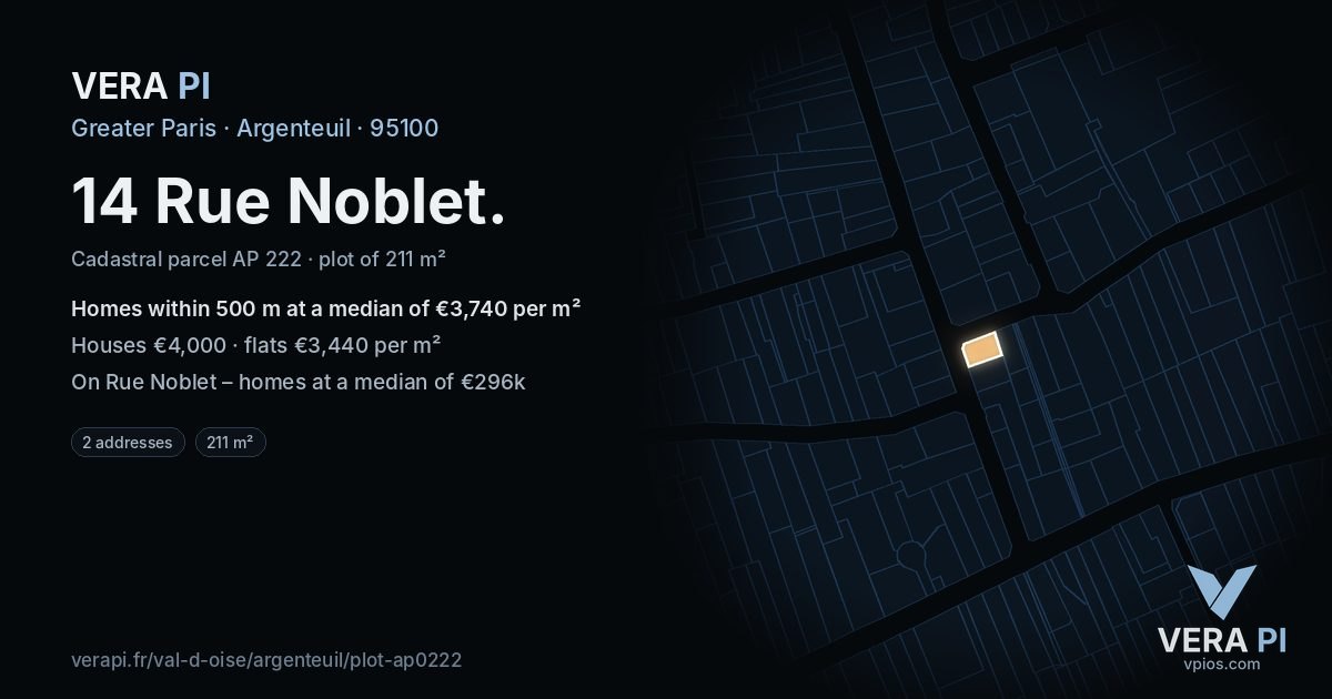 14 Rue Noblet, Argenteuil at night – the plot lit, the parcels around coloured by the prices near them