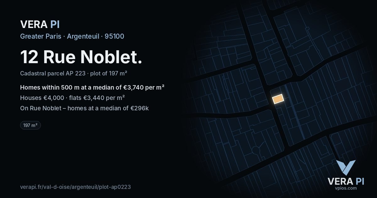 12 Rue Noblet, Argenteuil at night – the plot lit, the parcels around coloured by the prices near them