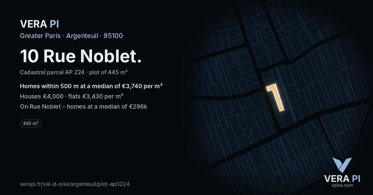 10 Rue Noblet, Argenteuil at night – the plot lit, the parcels around coloured by the prices near them
