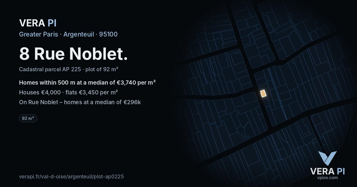 8 Rue Noblet, Argenteuil at night – the plot lit, the parcels around coloured by the prices near them