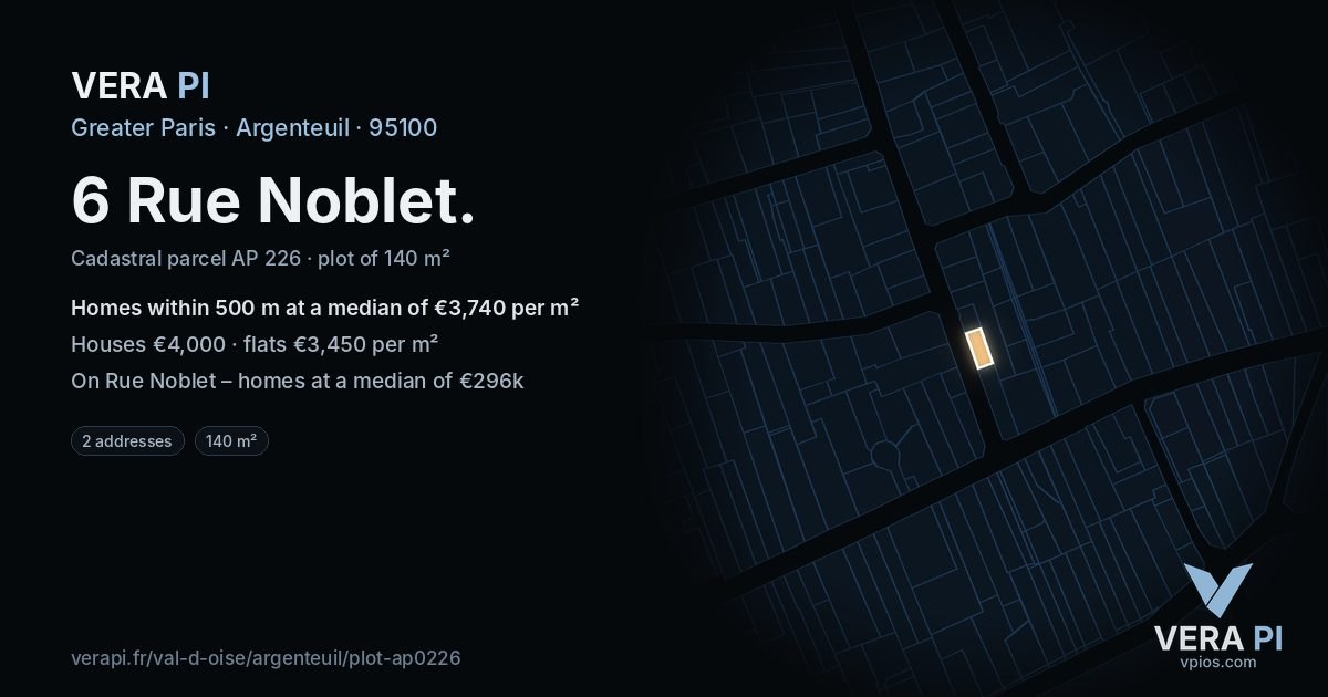 6 Rue Noblet, Argenteuil at night – the plot lit, the parcels around coloured by the prices near them