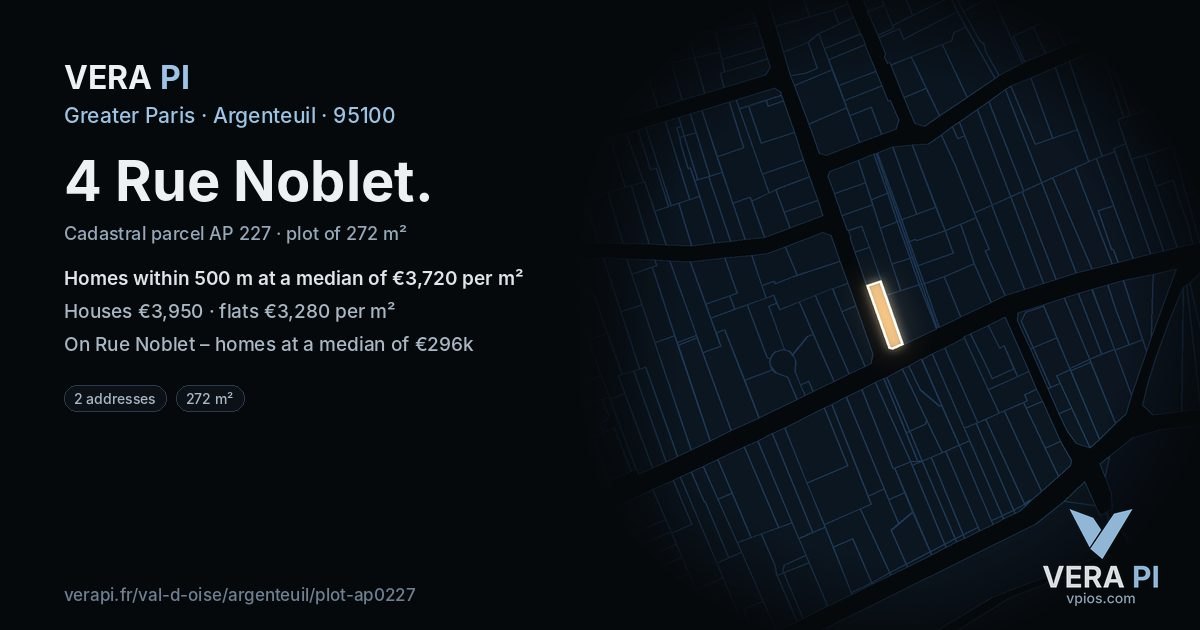 4 Rue Noblet, Argenteuil at night – the plot lit, the parcels around coloured by the prices near them