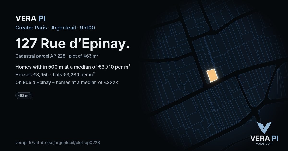127 Rue d’Epinay, Argenteuil at night – the plot lit, the parcels around coloured by the prices near them