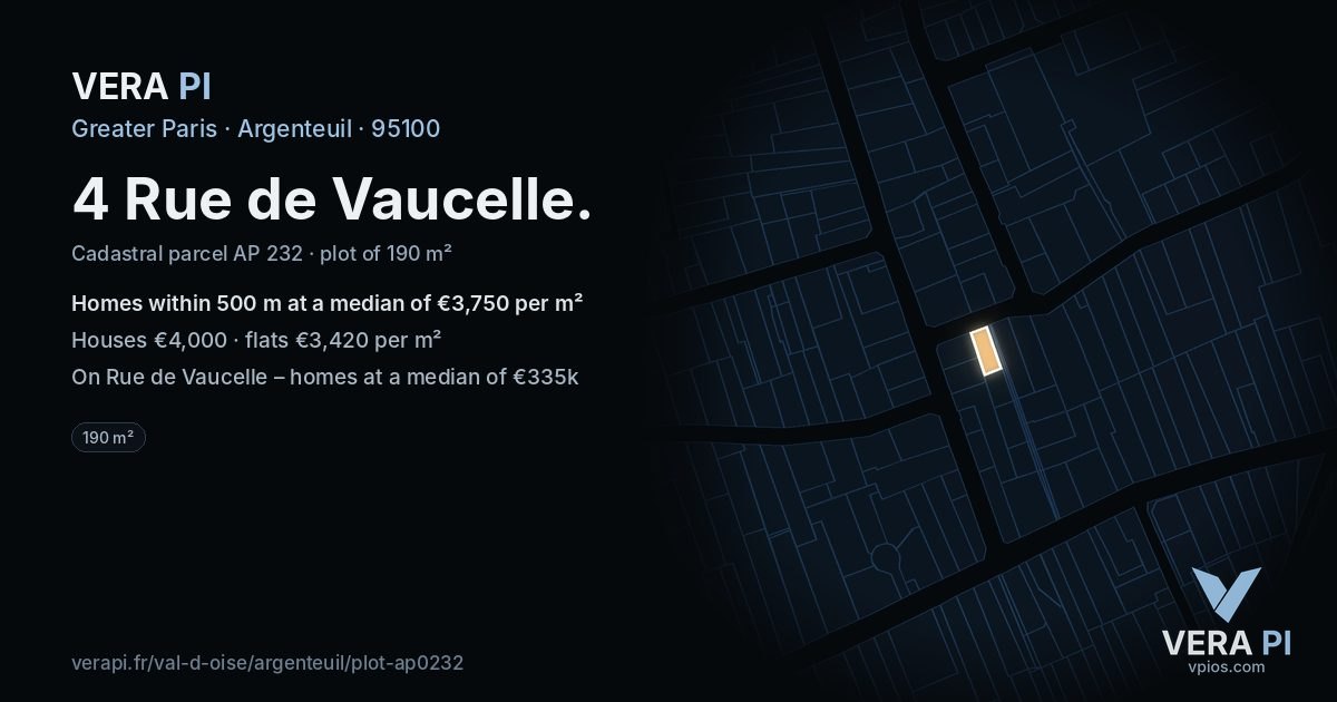 4 Rue de Vaucelle, Argenteuil at night – the plot lit, the parcels around coloured by the prices near them