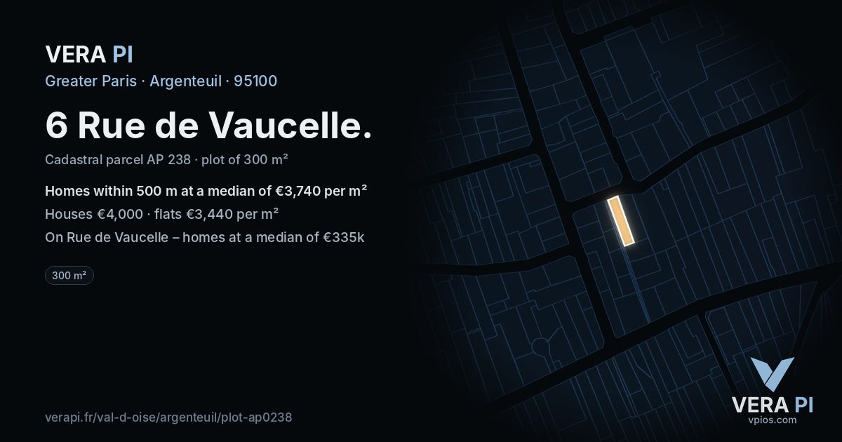 6 Rue de Vaucelle, Argenteuil at night – the plot lit, the parcels around coloured by the prices near them