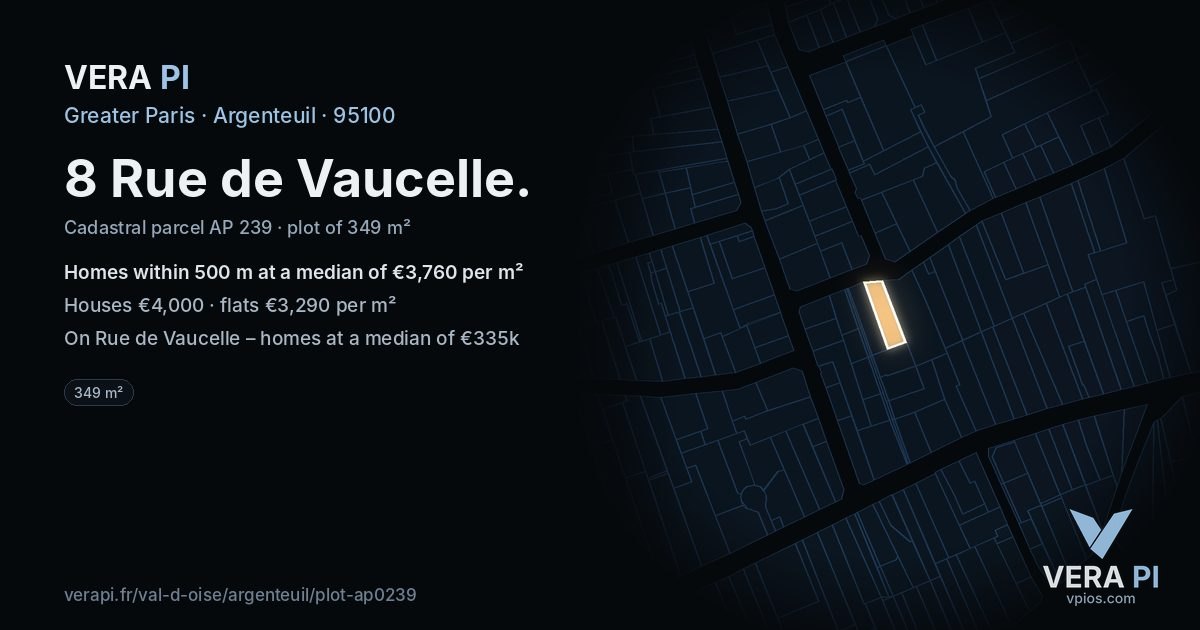 8 Rue de Vaucelle, Argenteuil at night – the plot lit, the parcels around coloured by the prices near them