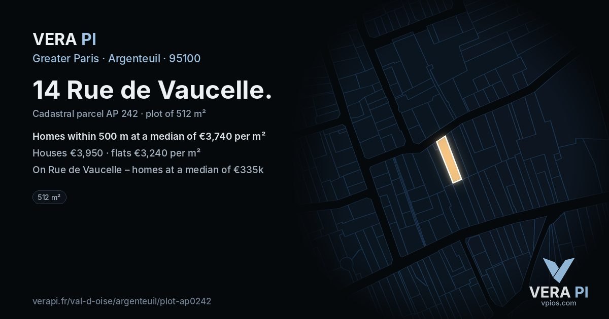14 Rue de Vaucelle, Argenteuil at night – the plot lit, the parcels around coloured by the prices near them