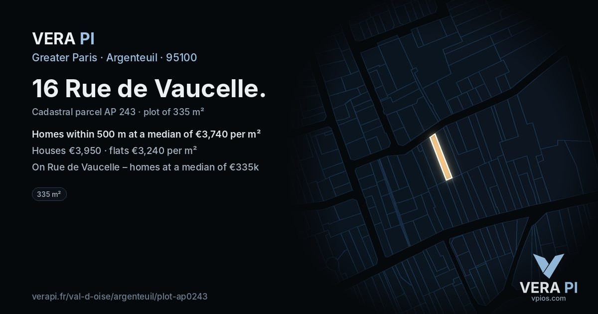 16 Rue de Vaucelle, Argenteuil at night – the plot lit, the parcels around coloured by the prices near them