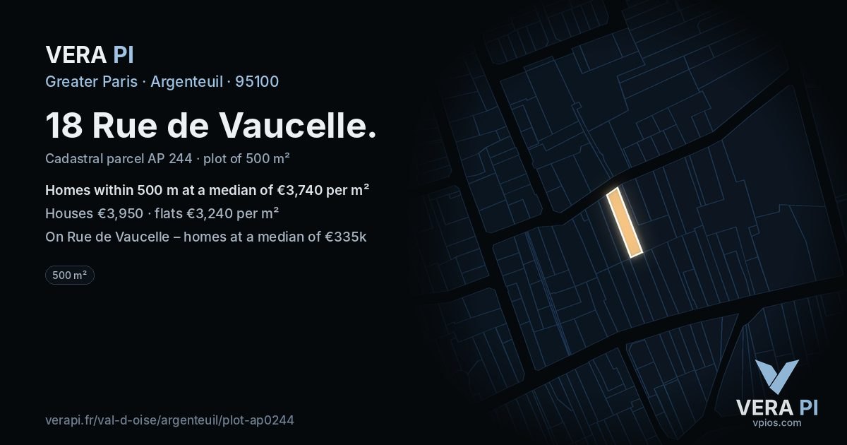 18 Rue de Vaucelle, Argenteuil at night – the plot lit, the parcels around coloured by the prices near them