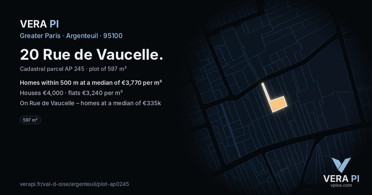 20 Rue de Vaucelle, Argenteuil at night – the plot lit, the parcels around coloured by the prices near them