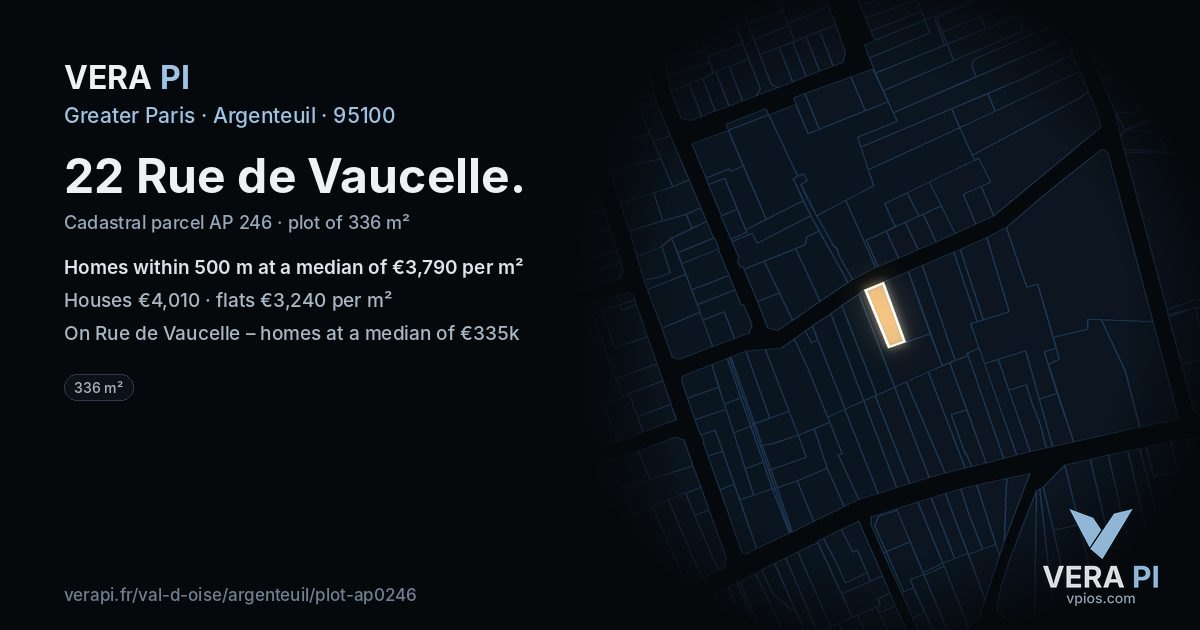 22 Rue de Vaucelle, Argenteuil at night – the plot lit, the parcels around coloured by the prices near them