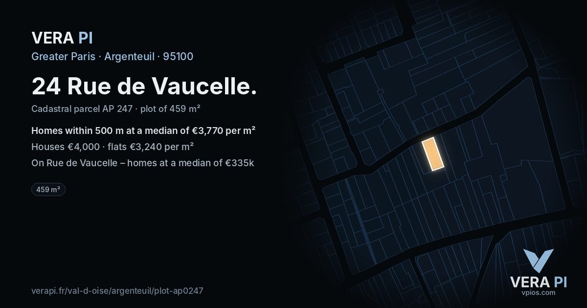 24 Rue de Vaucelle, Argenteuil at night – the plot lit, the parcels around coloured by the prices near them