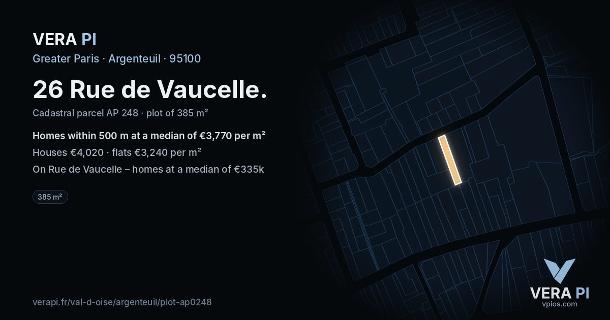26 Rue de Vaucelle, Argenteuil at night – the plot lit, the parcels around coloured by the prices near them