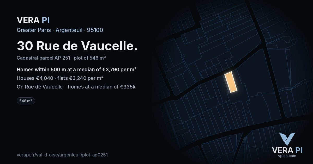 30 Rue de Vaucelle, Argenteuil at night – the plot lit, the parcels around coloured by the prices near them