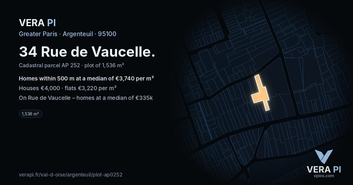 34 Rue de Vaucelle, Argenteuil at night – the plot lit, the parcels around coloured by the prices near them