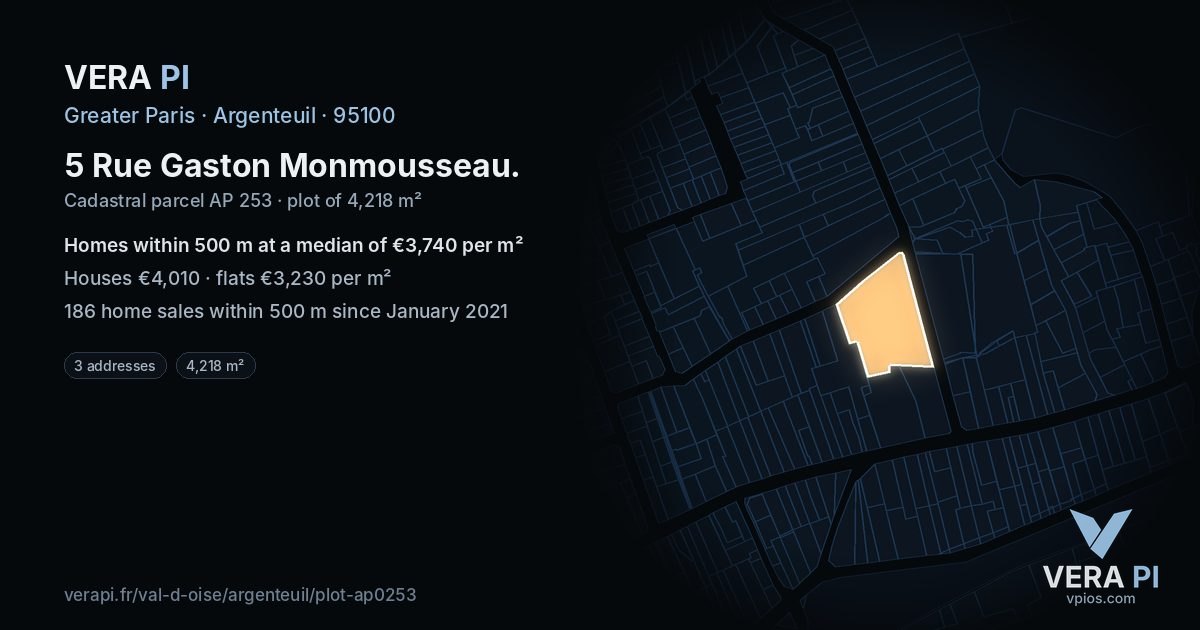 5 Rue Gaston Monmousseau, Argenteuil at night – the plot lit, the parcels around coloured by the prices near them