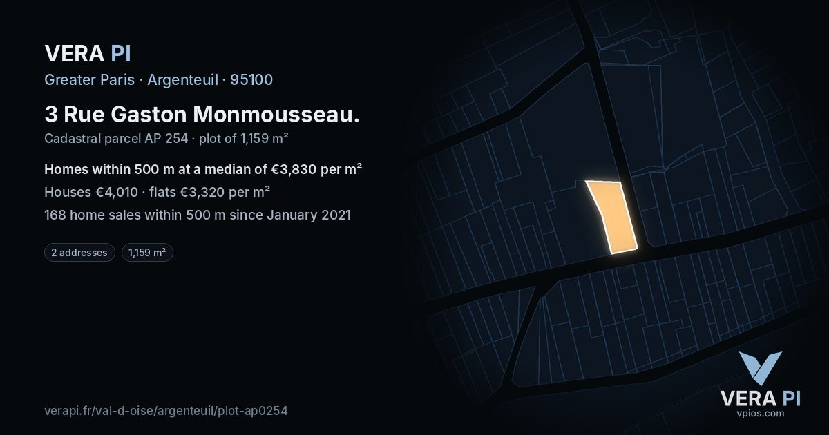 3 Rue Gaston Monmousseau, Argenteuil at night – the plot lit, the parcels around coloured by the prices near them