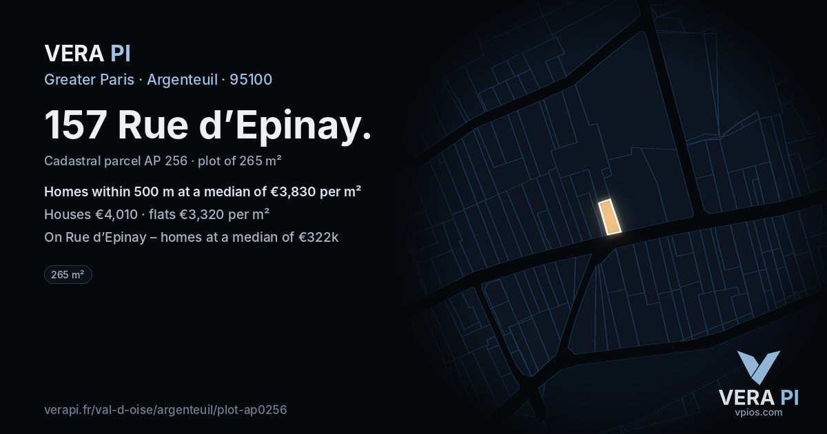 157 Rue d’Epinay, Argenteuil at night – the plot lit, the parcels around coloured by the prices near them
