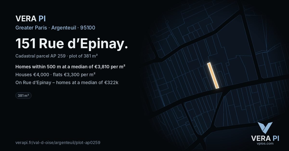 151 Rue d’Epinay, Argenteuil at night – the plot lit, the parcels around coloured by the prices near them