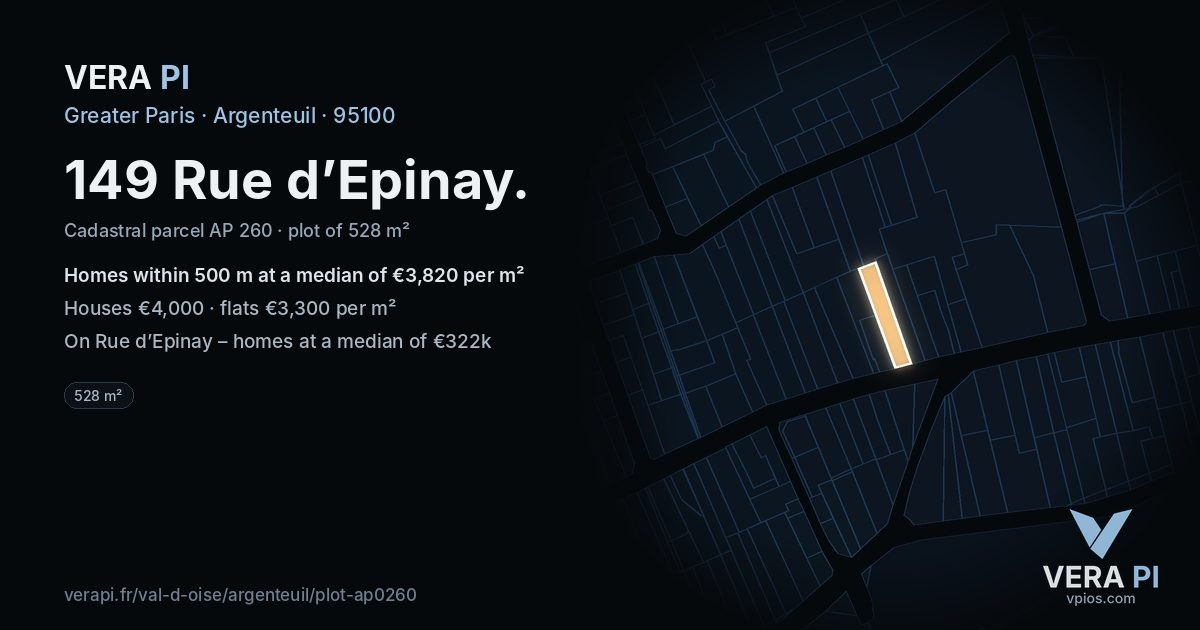 149 Rue d’Epinay, Argenteuil at night – the plot lit, the parcels around coloured by the prices near them