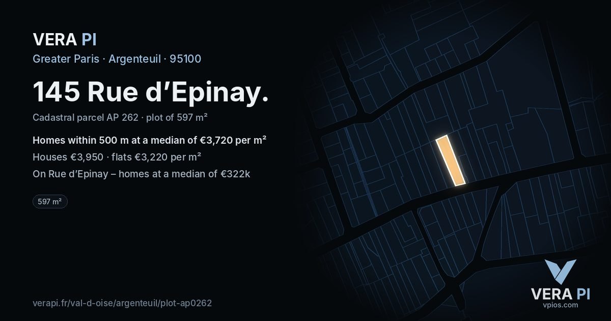 145 Rue d’Epinay, Argenteuil at night – the plot lit, the parcels around coloured by the prices near them