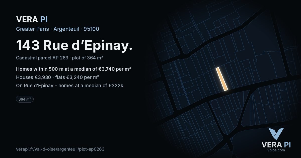 143 Rue d’Epinay, Argenteuil at night – the plot lit, the parcels around coloured by the prices near them