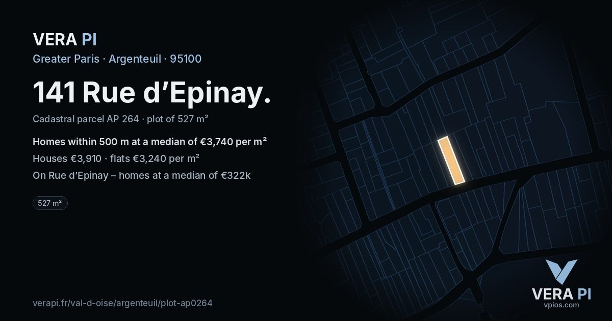 141 Rue d’Epinay, Argenteuil at night – the plot lit, the parcels around coloured by the prices near them