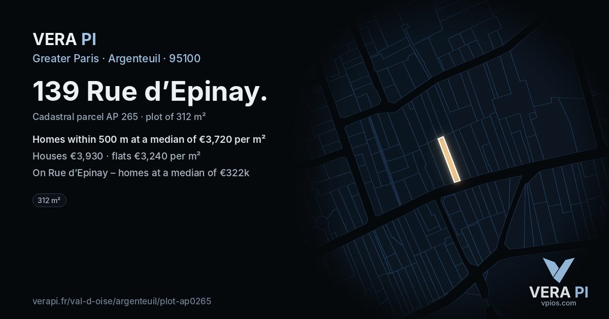 139 Rue d’Epinay, Argenteuil at night – the plot lit, the parcels around coloured by the prices near them