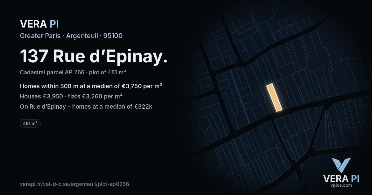 137 Rue d’Epinay, Argenteuil at night – the plot lit, the parcels around coloured by the prices near them