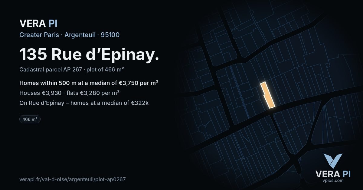 135 Rue d’Epinay, Argenteuil at night – the plot lit, the parcels around coloured by the prices near them