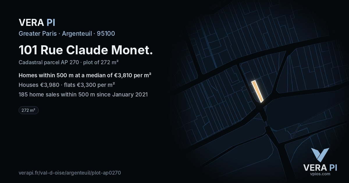 101 Rue Claude Monet, Argenteuil at night – the plot lit, the parcels around coloured by the prices near them