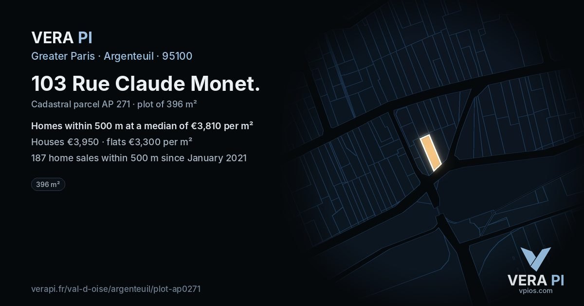 103 Rue Claude Monet, Argenteuil at night – the plot lit, the parcels around coloured by the prices near them