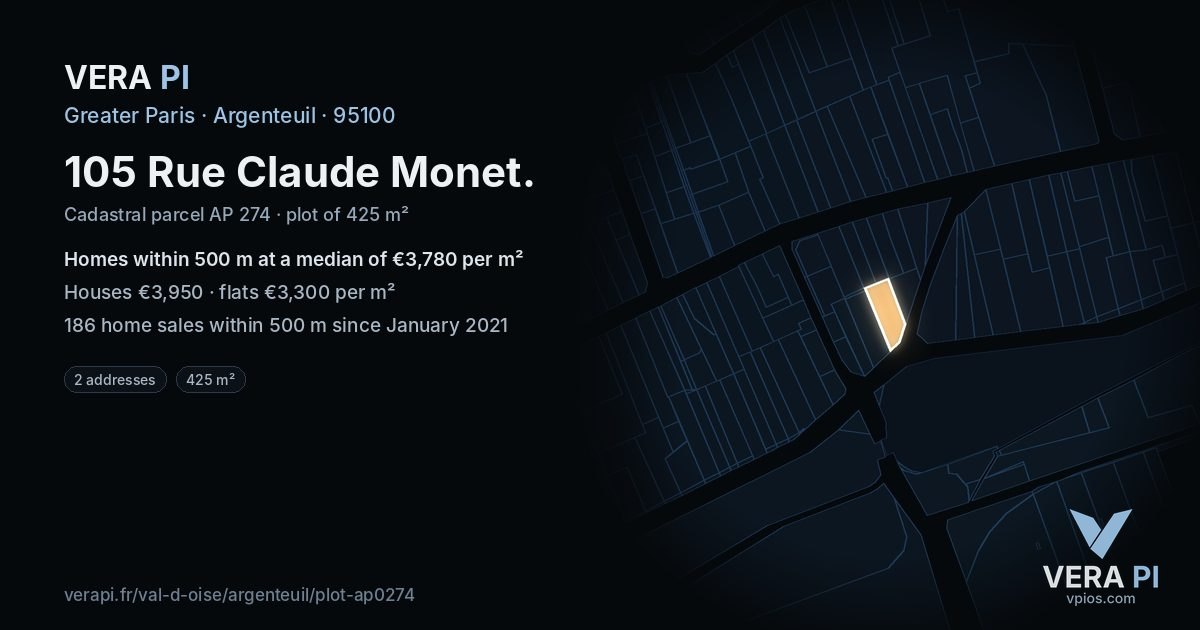 105 Rue Claude Monet, Argenteuil at night – the plot lit, the parcels around coloured by the prices near them