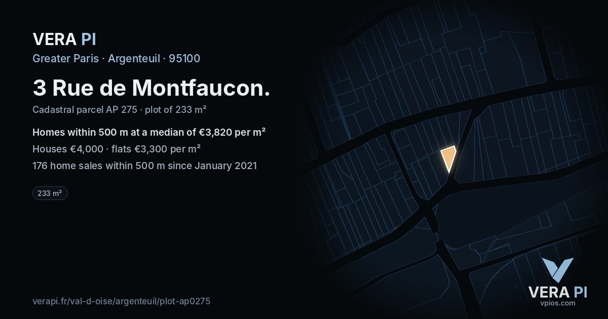 3 Rue de Montfaucon, Argenteuil at night – the plot lit, the parcels around coloured by the prices near them