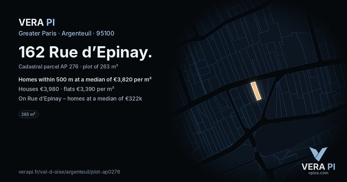 162 Rue d’Epinay, Argenteuil at night – the plot lit, the parcels around coloured by the prices near them