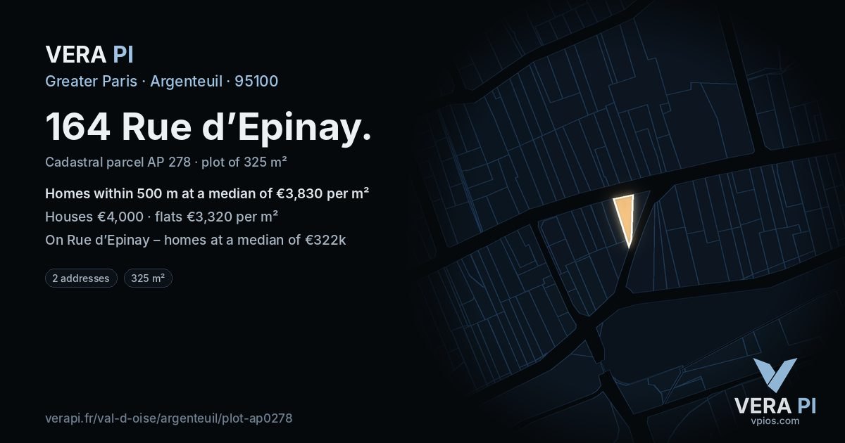 164 Rue d’Epinay, Argenteuil at night – the plot lit, the parcels around coloured by the prices near them
