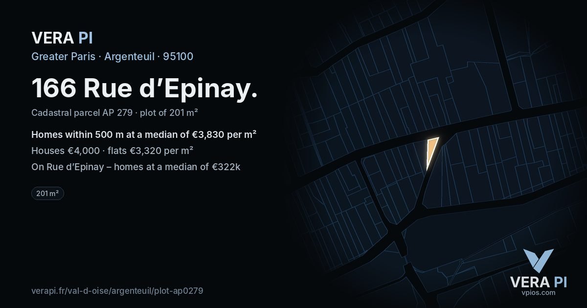 166 Rue d’Epinay, Argenteuil at night – the plot lit, the parcels around coloured by the prices near them
