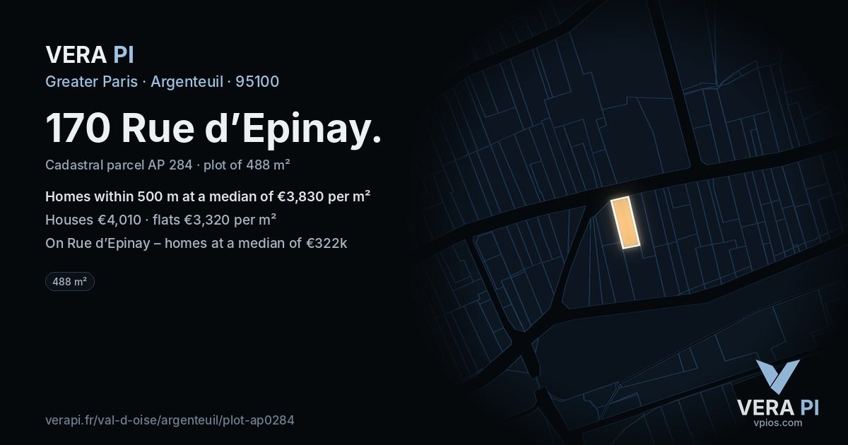 170 Rue d’Epinay, Argenteuil at night – the plot lit, the parcels around coloured by the prices near them