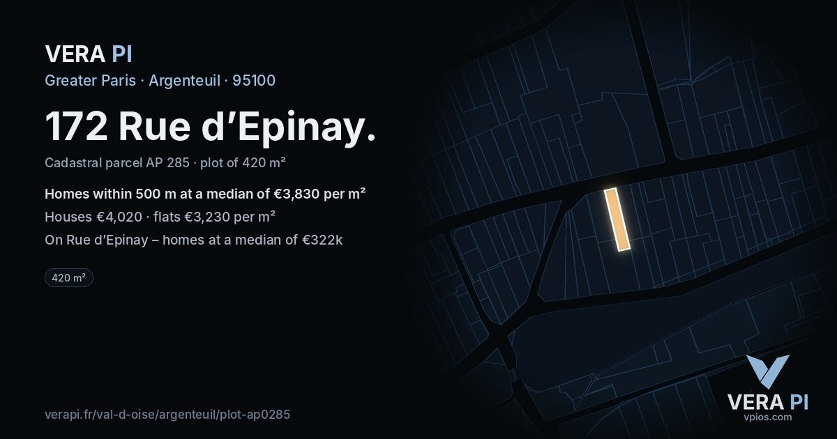 172 Rue d’Epinay, Argenteuil at night – the plot lit, the parcels around coloured by the prices near them
