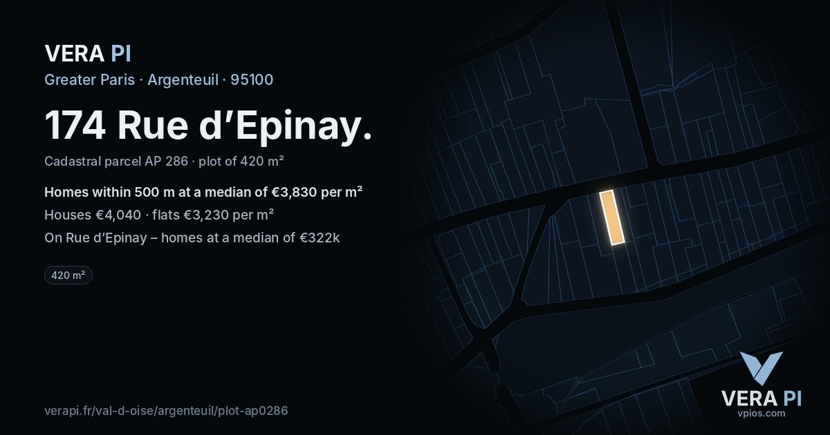 174 Rue d’Epinay, Argenteuil at night – the plot lit, the parcels around coloured by the prices near them
