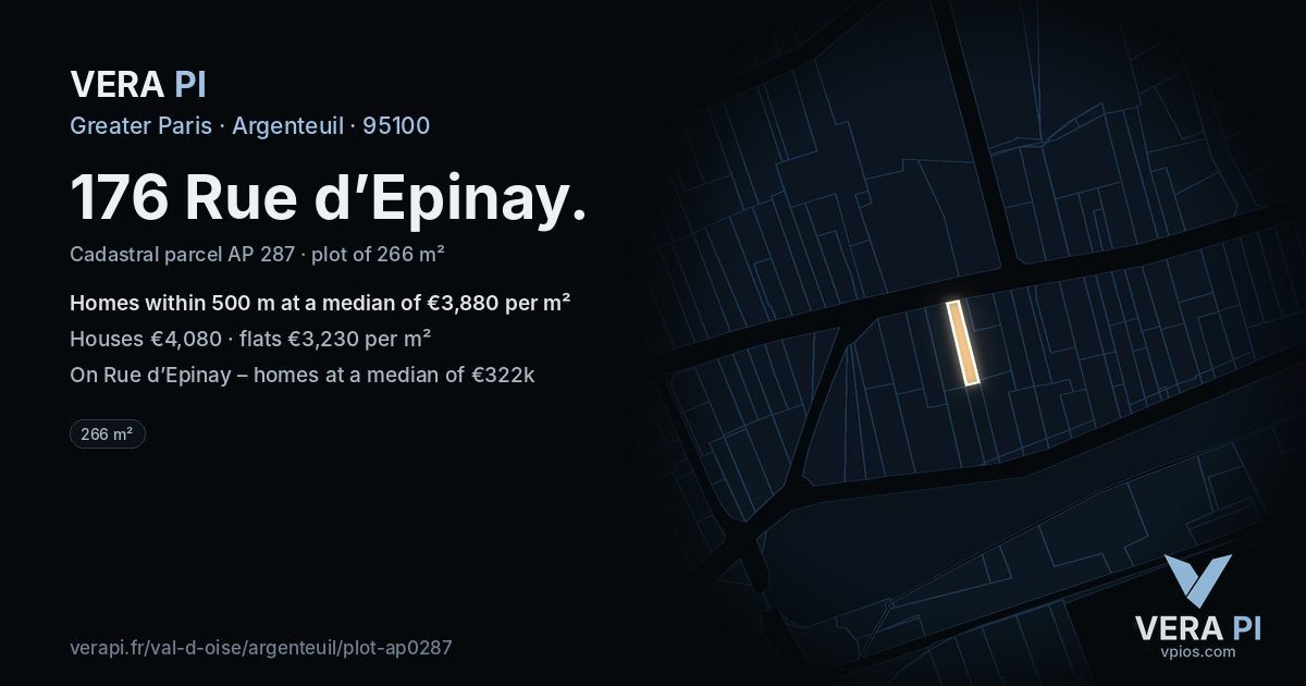 176 Rue d’Epinay, Argenteuil at night – the plot lit, the parcels around coloured by the prices near them