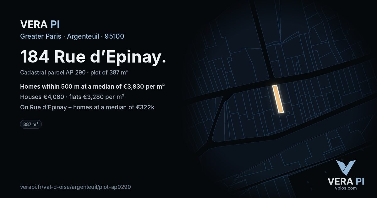 184 Rue d’Epinay, Argenteuil at night – the plot lit, the parcels around coloured by the prices near them