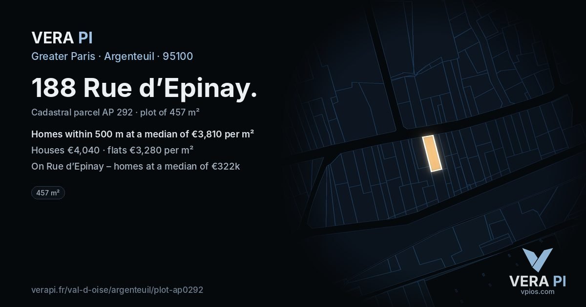 188 Rue d’Epinay, Argenteuil at night – the plot lit, the parcels around coloured by the prices near them