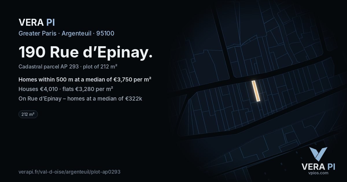 190 Rue d’Epinay, Argenteuil at night – the plot lit, the parcels around coloured by the prices near them