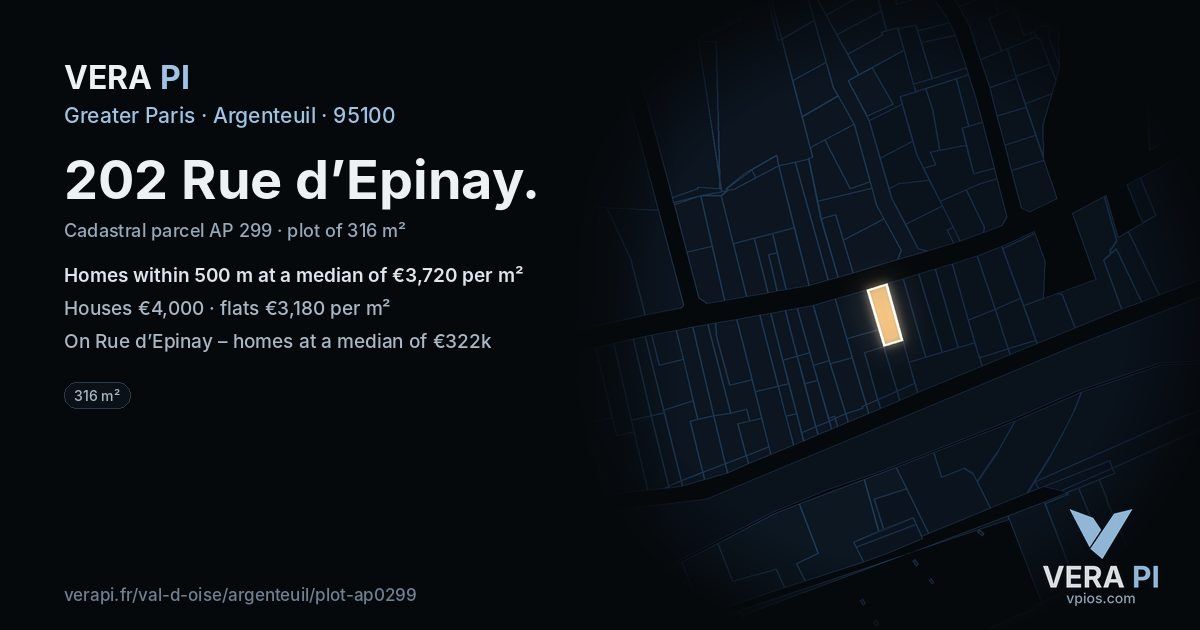 202 Rue d’Epinay, Argenteuil at night – the plot lit, the parcels around coloured by the prices near them