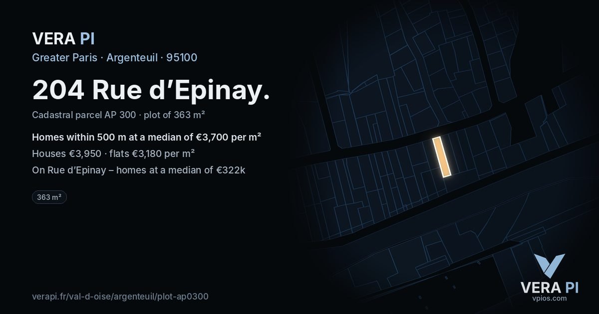 204 Rue d’Epinay, Argenteuil at night – the plot lit, the parcels around coloured by the prices near them